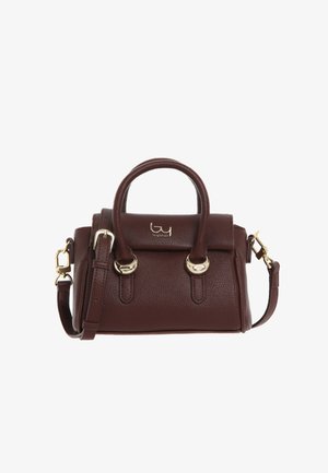 Borsa a mano in pelle marrone con superficie texturizzata, dettagli in metallo dorato, doppi manici superiori e tracolla removibile.