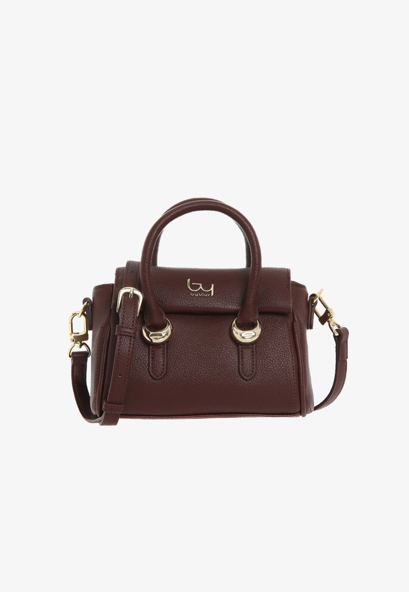 Borsa a mano in pelle marrone con superficie texturizzata, dettagli in metallo dorato, doppi manici superiori e tracolla removibile.