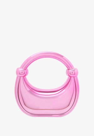 Lyserød plastik håndtaske med en afrundet form, glat tekstur og to runde håndtag. Har en glansfuld overflade med sømløse kanter.