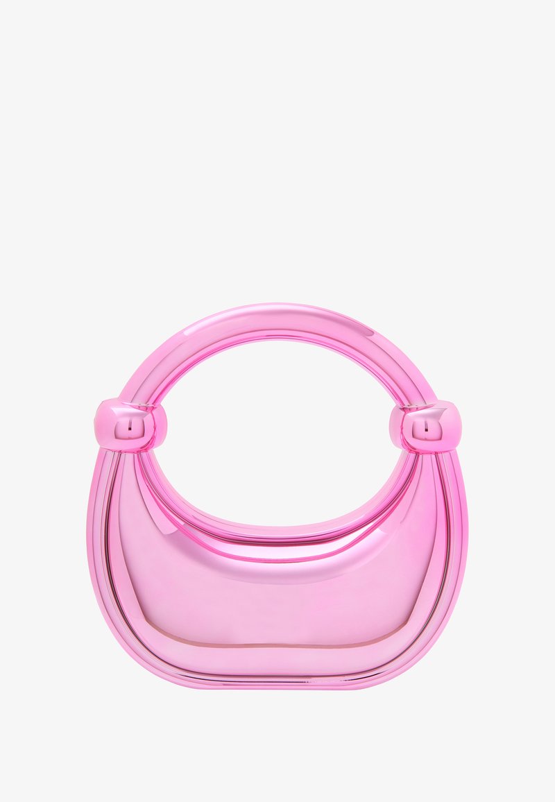 Lyserød plastik håndtaske med en afrundet form, glat tekstur og to runde håndtag. Har en glansfuld overflade med sømløse kanter.