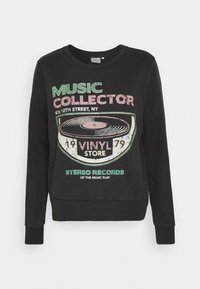 Svart sweatshirt med rund halsringning och långa ärmar. Har en grafisk tryck av en vinylskiva med text, inklusive "MUSIKSAMLARE."