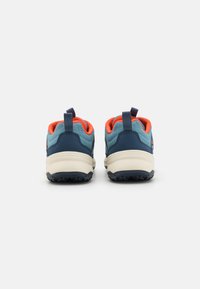 Blue and navy sneakers with orange accents, textured fabric upper, pull tabs, and rubber soles featuring tread patterns.