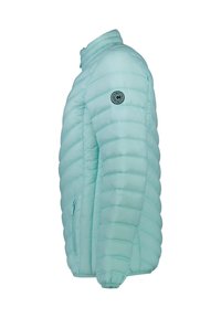 Ljusmintgrön puffjacka med ståkrage, horisontell quiltning, sidofickor med dragkedja och runt märke på övre ärm.