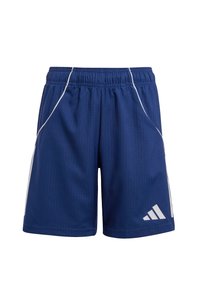 Blauwe sportbroeken van lichtgewicht stof, met witte accenten, een elastische tailleband en een gestructureerd gestreept patroon.