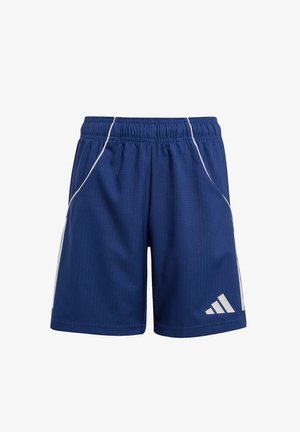 Pantaloni corti sportivi blu realizzati in tessuto leggero, con accentuazioni bianche, una vita elastica e un motivo a strisce texture.