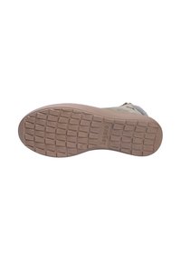 Sole di una scarpa marrone chiaro con una superficie texturizzata e motivi rettangolari. Presenta un leggero arco e un bordo rinforzato per una maggiore durata.