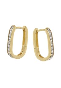 Gold hoop earrings feature an elongated oval shape with a row of small, clear stones along one side. Smooth metal finish with a polished look.