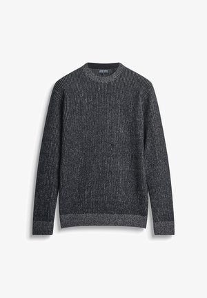 Donkergrijs geribd sweater met een ronde halslijn en lange mouwen. Heeft een iets lichtergrijze zoom en manchetten, gemaakt van textuurmateriaal.