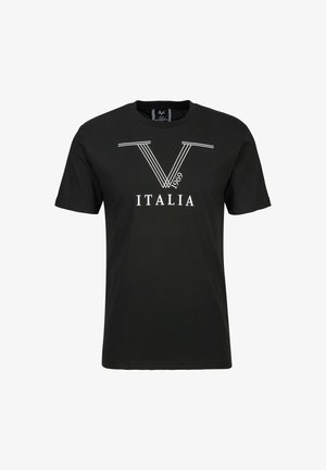Zwarte katoenen t-shirt met een witte grafische opdruk met de tekst "V" en "ITALIA 1969". Klassieke ronde hals en korte mouwen. Eenvoudig en modern.