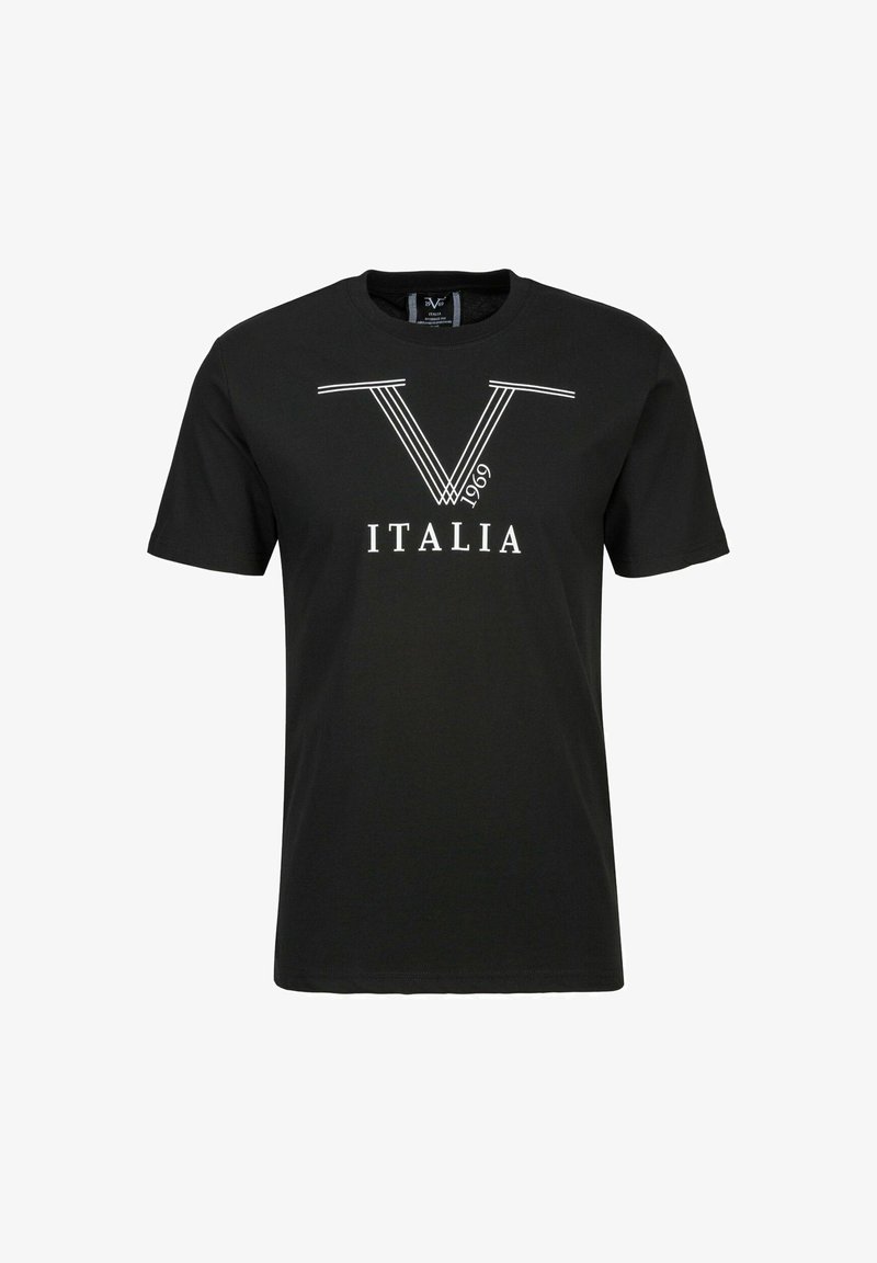 Schwarzes Baumwoll-T-Shirt mit einem weißen Grafikdesign, das den Text "V" und "ITALIA 1969" zeigt. Klassischer Rundhalsausschnitt und kurze Ärmel. Einfach und modern.