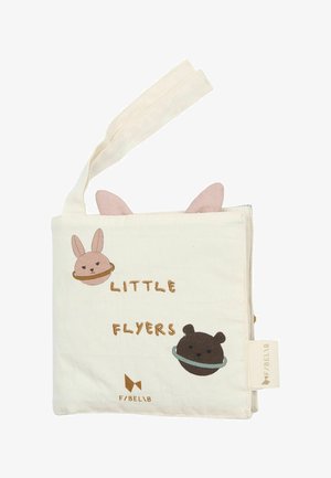 Børnebøger i stof med kanin- og bjørneansigter, teksten "Little Flyers" og stofører, der stikker ud, cremefarvet med bløde toner.