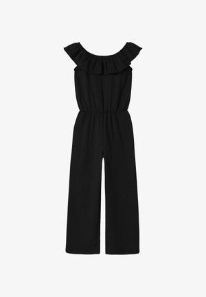 Svart jumpsuit med volangkant ved skuldrene, elastisk midje og vide ben. Teksturen ser krøllete ut. Ingen tillegg detaljer.