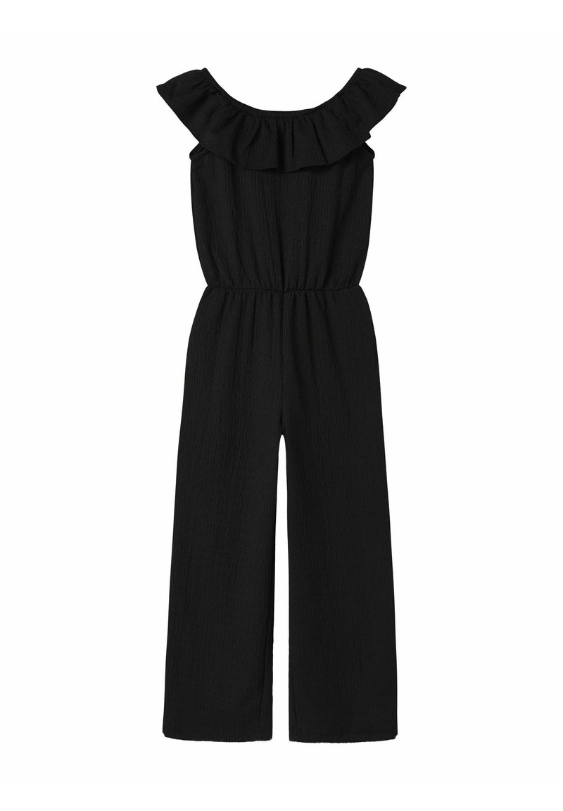 Must mustaga riidega, millel on kammelja off-shoulder kaelus, elastne vöökoht ja laiad sääred. Tekstuur näib olevat kortsus. Täiendavaid detaile ei ole.
