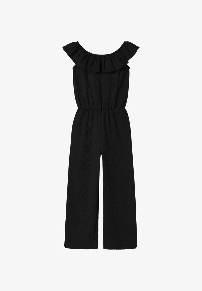 Must mustaga riidega, millel on kammelja off-shoulder kaelus, elastne vöökoht ja laiad sääred. Tekstuur näib olevat kortsus. Täiendavaid detaile ei ole.