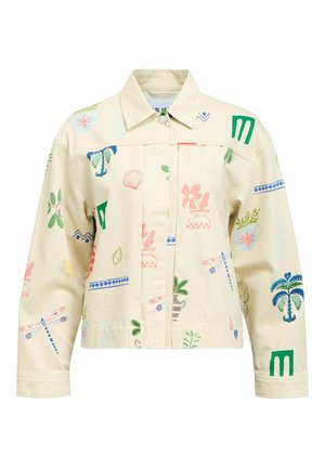 Chaqueta beige con botones delanteros y estampados coloridos de plantas, libélulas, conchas y patrones abstractos en las mangas largas y el cuerpo.