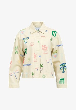 Geacă bej cu nasturi în față, având imprimeuri colorate cu plante, libelule, scoici și modele abstracte pe mânecile lungi și pe corp.