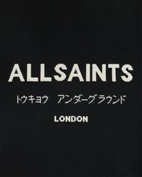 Tissu noir en coton avec du texte blanc : "ALLSAINTS" et "LONDRES", avec des caractères supplémentaires en japonais, disposés au centre.
