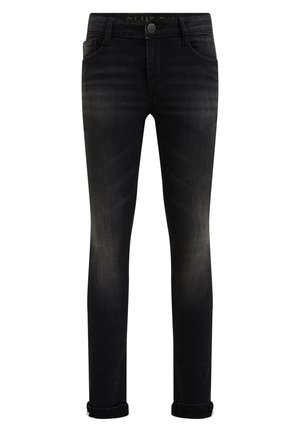 Czarne jeansy slim fit z delikatnym przetarciem na udach i podwiniętymi mankietami, z przodu zapięcie na guzik i szlufki na pasek.