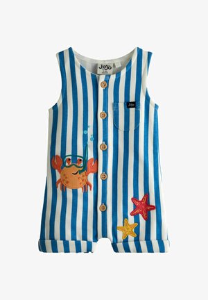 Kék-fehér csíkos babaruházat fa gombokkal, első zsebbel, narancssárga rákkal és piros-sárga tengeri csillag applikációkkal.