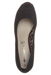 Černé semišové baletní boty s designem na špičce, se vzorovanou květinovou stélkou a hladkým vnitřním podšívkou. Vytlačené logo značky.