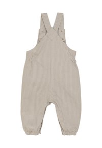 Beige gestreifte Latzhose mit verstellbaren Schulterträgern, elastischen Knöchelbündchen und Druckknöpfen. Aus weichem, leichtem Stoff gefertigt.