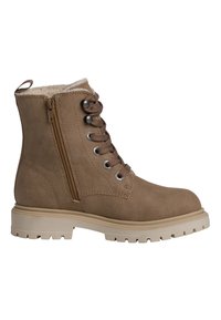 Bottines brunes avec une doublure en fausse fourrure, bout arrondi, œillets en métal et fermeture éclair sur le côté. Semelle en caoutchouc épaisse et texturée pour une bonne traction.