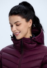 Bordeaux pufferjack met een hoge kraag, verticale gestikte patroon, verstelbare koord en een volledige rits. Gladde, glanzende textuur.