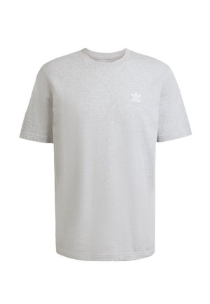 Graues Baumwoll-T-Shirt mit kurzen Ärmeln und Rundhalsausschnitt. Mit einem kleinen weißen Adidas-Logo auf der linken Brust.