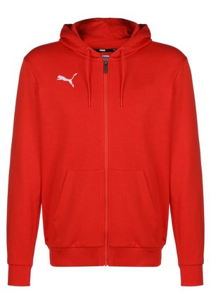 Rode hoodie met rits aan de voorkant, voorzakken, capuchon met trekkoord en een wit Puma-logo op de linkerborst.