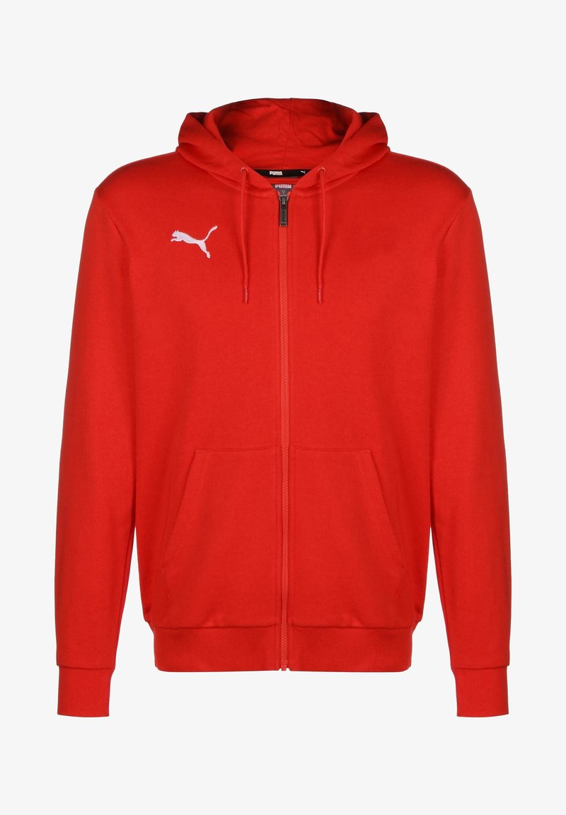 Sweat à capuche rouge zippé avec poches avant, capuche à cordon et logo Puma blanc sur la poitrine gauche.