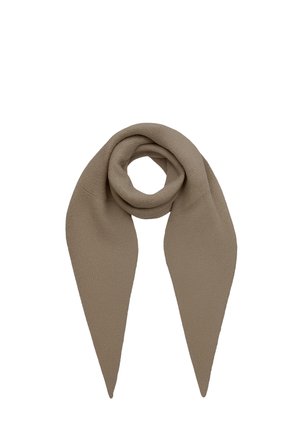 Hellbrauner gestrickter Schal mit spitzen Enden, in einer Schlaufe auf weißem Hintergrund angeordnet.