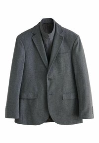 Blazer a spina di pesce grigio realizzato in tessuto testurizzato, con rever a punta, due tasche frontali e chiusura con un solo bottone.