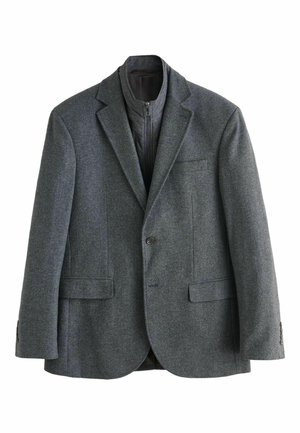 Gray herringbone blazer made of textured fabric, featuring a notched lapel, two front pockets, and a single button closure.