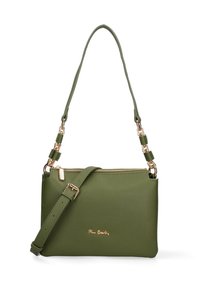 Borsa a spalla in pelle verde oliva con zip dorata, tracolla regolabile e dettagli in catena dorata. Piccolo logo dorato del marchio sulla parte anteriore.