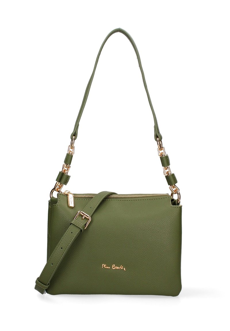 Borsa a spalla in pelle verde oliva con zip dorata, tracolla regolabile e dettagli in catena dorata. Piccolo logo dorato del marchio sulla parte anteriore.