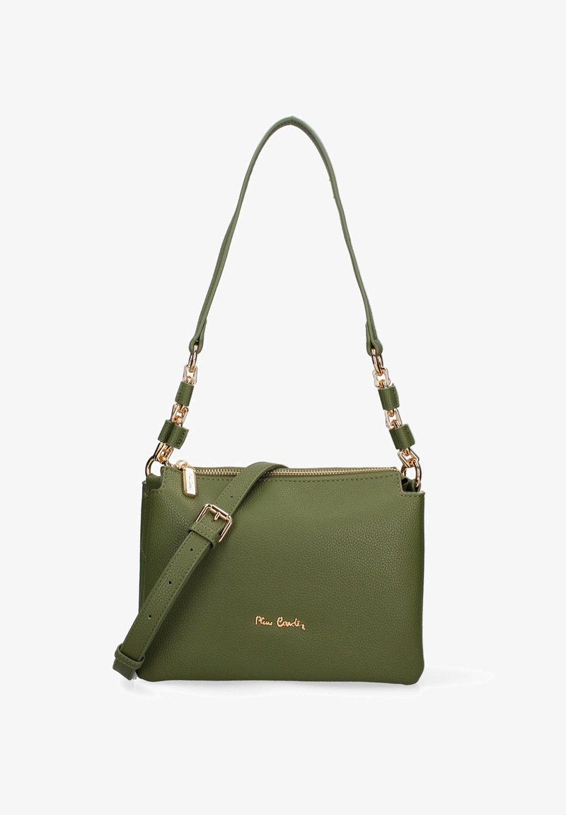 Borsa a spalla in pelle verde oliva con zip dorata, tracolla regolabile e dettagli in catena dorata. Piccolo logo dorato del marchio sulla parte anteriore.