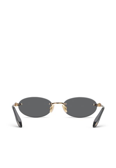 Oval black tinted sunglasses with thin gold metal bridge and black temples, shown from the front on a white background.