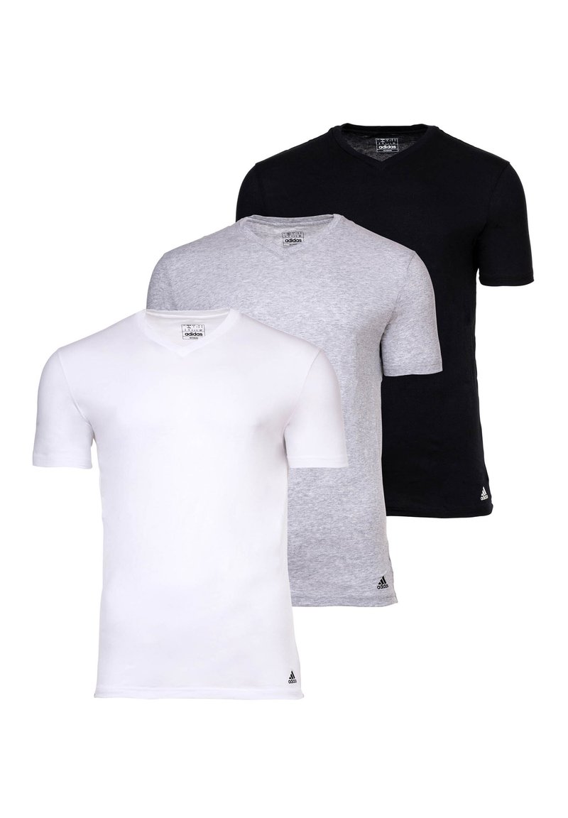 Three short-sleeve v-neck t-shirts in white, gray, and black, made of cotton, featuring a soft texture and small branded accents at the hem.