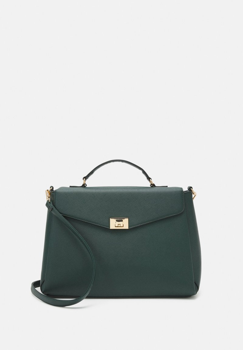 Ciemnozielona, strukturalna torebka wykonana z teksturowanego materiału syntetycznego. Posiada górną rączkę, regulowany pasek na ramię oraz złote okucia.
