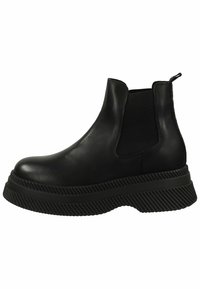 Stivali alla caviglia in pelle nera con pannelli laterali elastici e suola in gomma spessa e texturizzata. Presentano una linguetta sul retro per facilitare la calzata.