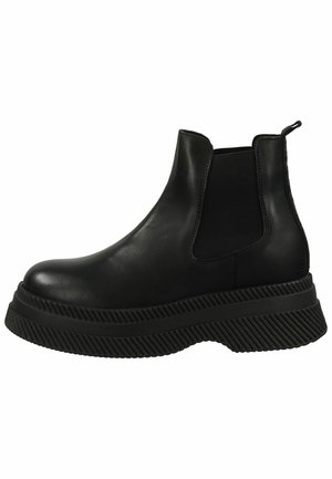 Stivali alla caviglia in pelle nera con pannelli laterali elastici e suola in gomma spessa e texturizzata. Presentano una linguetta sul retro per facilitare la calzata.