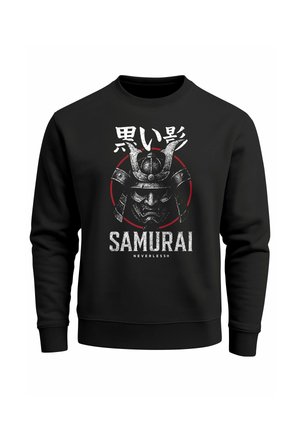 Black sweatshirt featuring a graphic of a samurai helmet, white text, and a red circular accent. Made from soft fabric with ribbed cuffs.