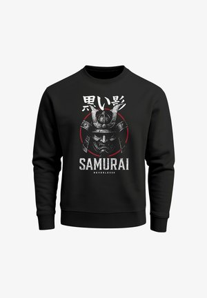 Black sweatshirt featuring a graphic of a samurai helmet, white text, and a red circular accent. Made from soft fabric with ribbed cuffs.