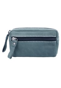 Modrý kožený zipovací pult s bielym šitím a koženým uchopovačom. Kompaktný obdĺžnikový tvar s horným zipom.