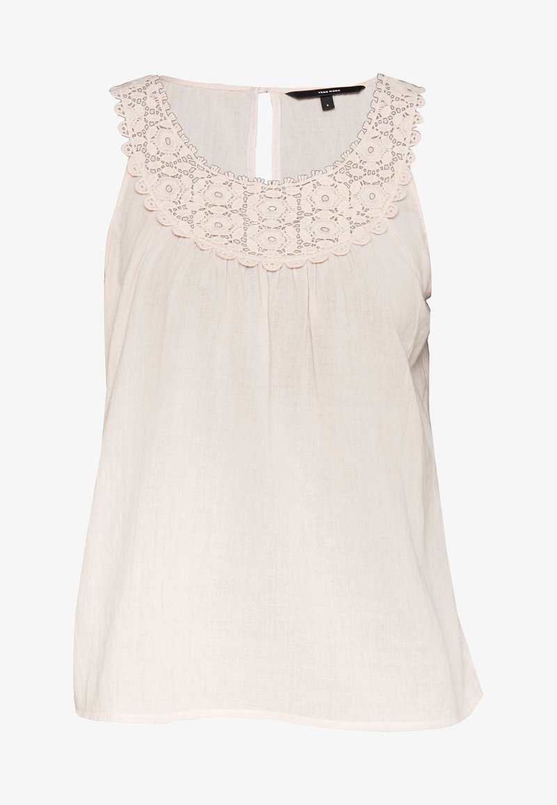 Haut sans manches rose clair avec des détails en dentelle autour de l'encolure ronde, coupe décontractée et une ouverture en clé à l'arrière. Tissu doux et texturé.
