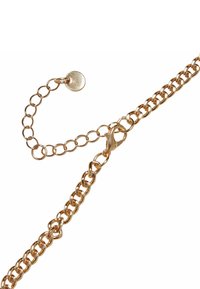 Golden metal chain with round links, featuring a claw clasp and an adjustable extender chain with a circular tag. Smooth texture.