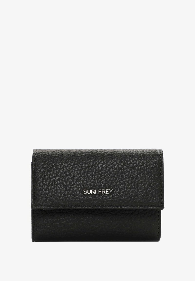 Černá kožená peněženka s hladkým povrchem, skládací design a stříbrné logo "SURI FREY" na přední straně.