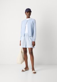 Lichtblauwe cardigan, witte t-shirt, gestreepte shorts, beige slidesandalen. Draagt een beige tote bag. Casual zomeroutfit.