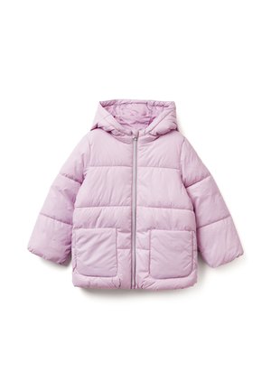 Giacca a vento in lilla chiaro con cappuccio, zip frontale e due grandi tasche. Design trapuntato con una texture liscia e una finitura morbida.