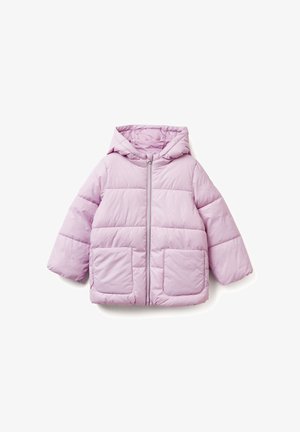 Giacca a vento in lilla chiaro con cappuccio, zip frontale e due grandi tasche. Design trapuntato con una texture liscia e una finitura morbida.
